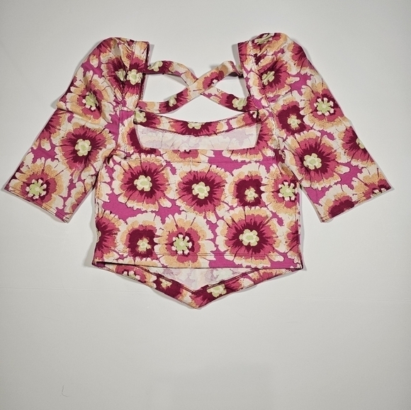 Free People Give Me More Pink Multi Floral Half Sleeve Crop Top Pop Combo Medium - Picture 14 of 14